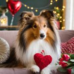 A Sheltie dog with a heart toy, enjoying Valentine's Day.