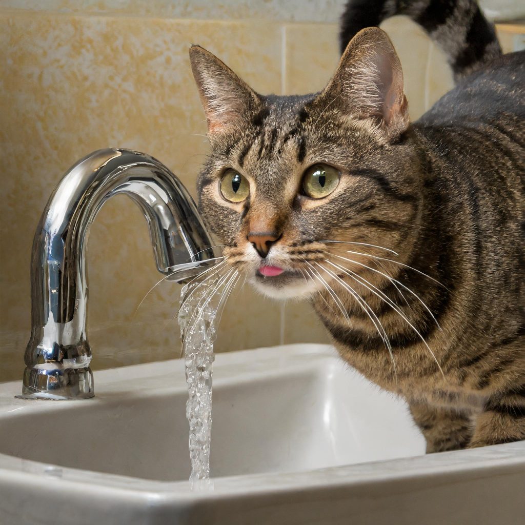 Common cat behaviors, include drinking from a faucet.