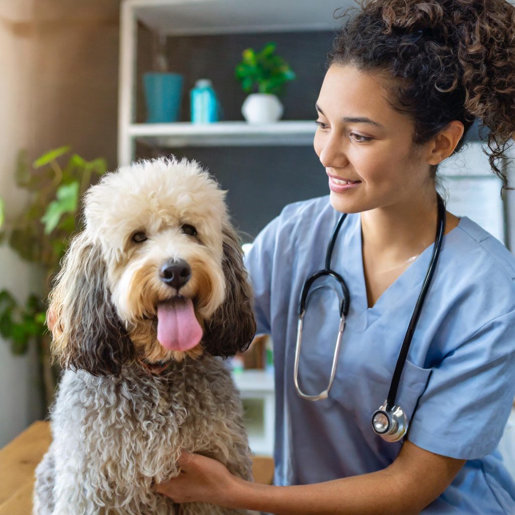 veterinarian examining a dog covered by pet health insurance.
