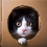 cat peeking out from cardboard boxes